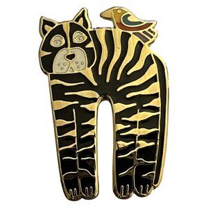 Laurel Burch Jungle Cat Pin Brooch Gold Tone Cloisonné Jewelry Vintage 1980s